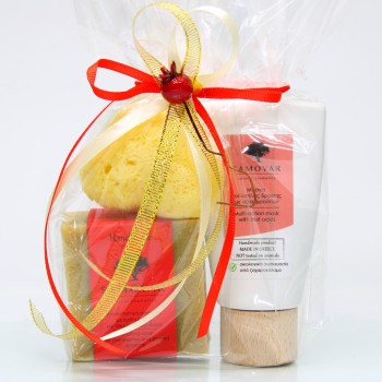 Σετ περιποίησης προσώπου με κόκκινα φρούτα - Μάσκα με οξέα φρούτων, απολεπιστικό σαπούνι, σφουγγάρι Καλύμνου